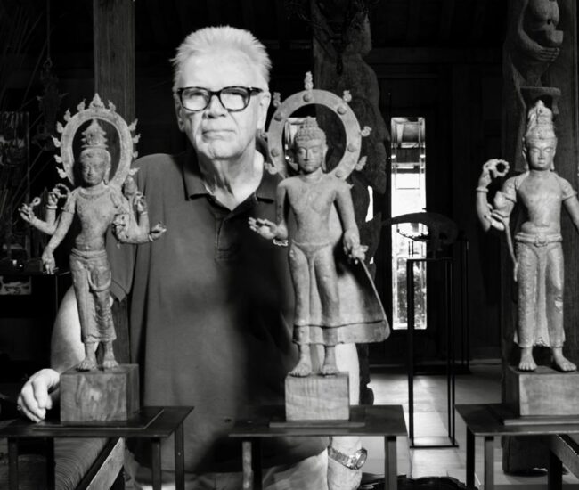 Alexander-Goetz-of-Collection-101-with-8---9th-Century-Central-Javanese-Bronze-Buddhist-figurines.-Image-coutesy-of-Alexander-Goetz.