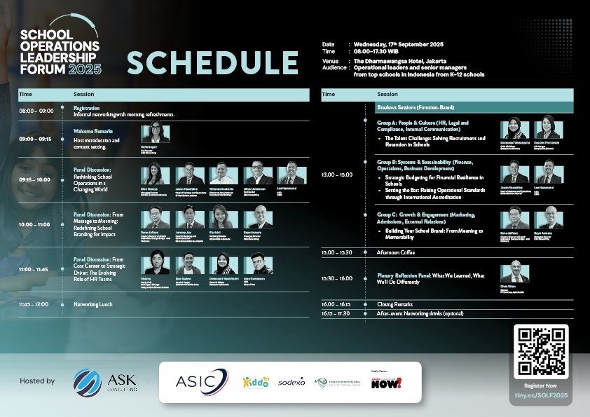 SOLF 2025 is set to be a landmark event, raising the profile of school operations and equipping leaders with the practical insights to build stronger, more sustainable institutions. Priced at IDR 1,750,000 per participant, the forum promises a full day of focused discussions, functional breakouts, and networking.