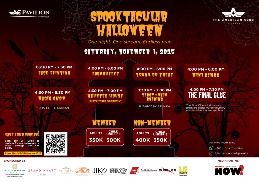 Brace yourself for a night of frightful fun and festive excitement as The American Club Jakarta proudly presents Spooktacular Halloween 2025 — the city’s most anticipated Halloween celebration. On Saturday, November 1, 2025, from 3 PM to 8 PM, families and friends are invited to gather for an evening filled with screams, laughter, and unforgettable memories. 