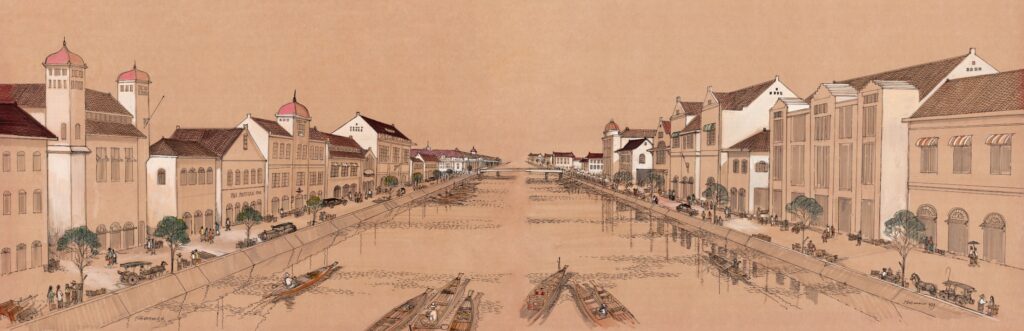 This large 160 cm wide ink drawing from 1929 presents a bird’s-eye view of Kali Besar at the close of the Dutch East Indies colonial era, showing Dutch buildings lining the canal — many of which still stand today within the Kota Tua Heritage area. (Sake Santema Collection)